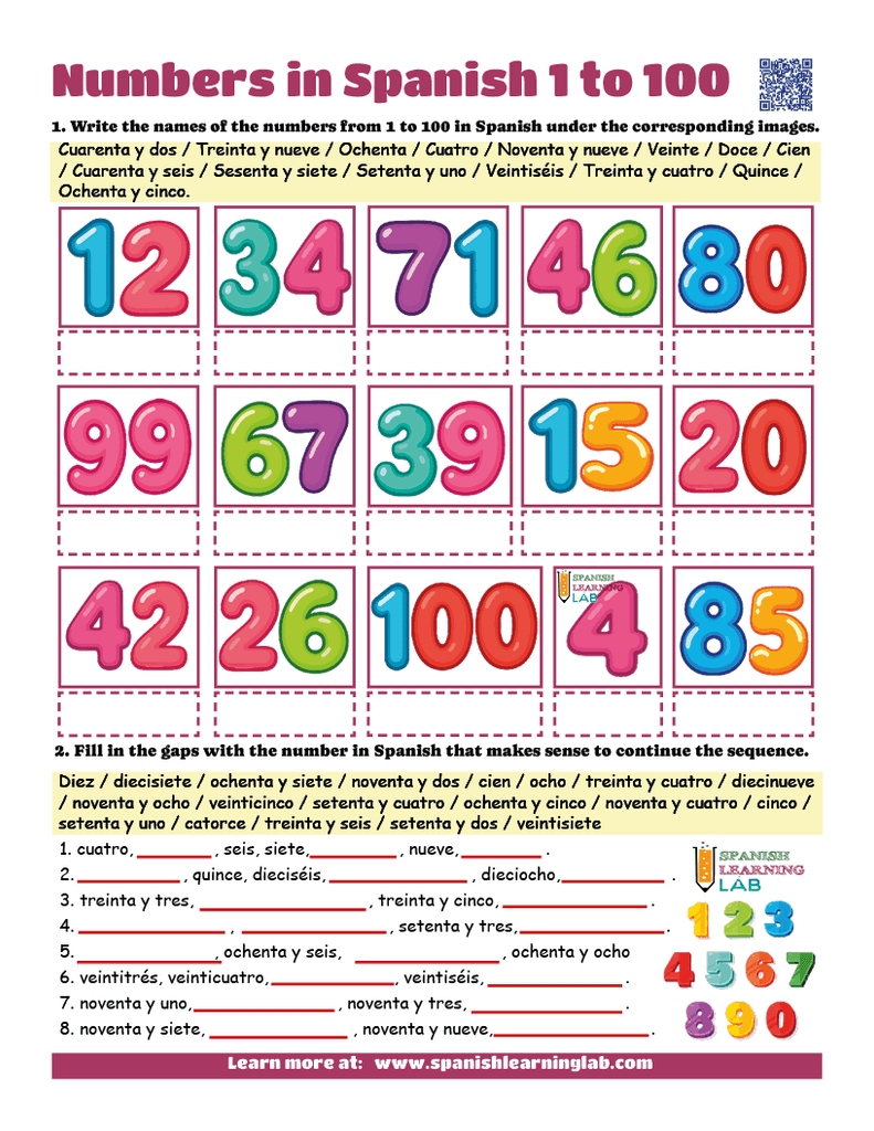 Household Experiments Worksheet.pdf Numbers in Spanish 1 to 100 – PDF Worksheet No. 2 - Spanish Learning Lab