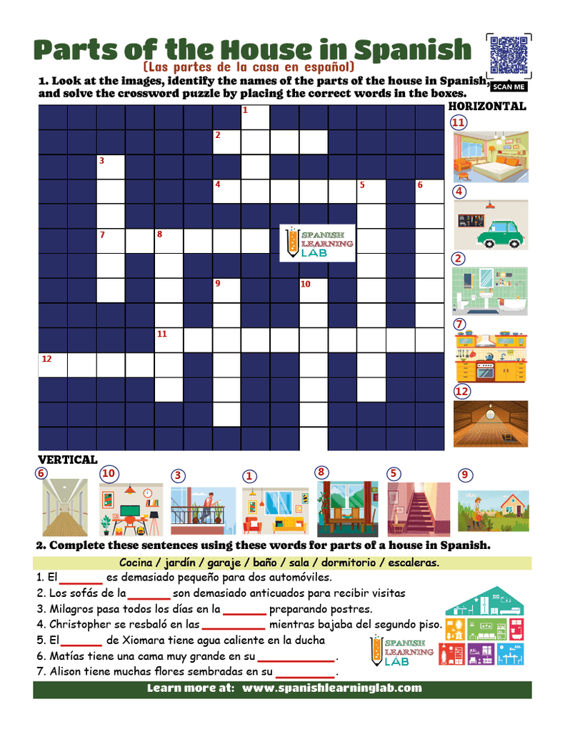 Parts of the house in Spanish crossword puzzle PDF worksheet