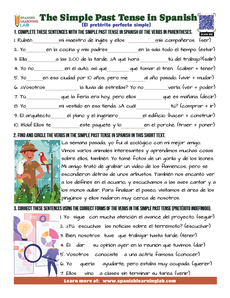 the simple past tense in Spanish pdf worksheet pretérito perfecto simple