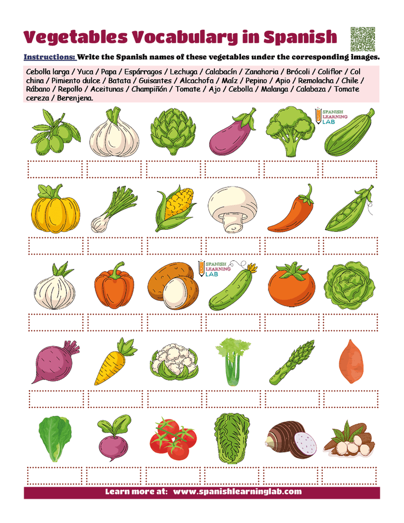 The vocabulary for vegetables in Spanish worksheet PDF